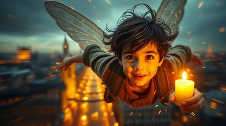 A captivating image showcasing a young boy with dark, tousled hair and fair skin, illuminated by warm candlelight, soaring ab