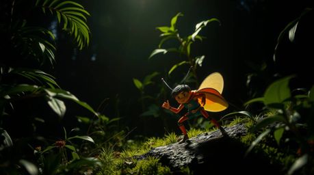 A minuscule hero embarks on a thrilling journey through a vibrant backyard jungle, bathed in intense, dramatic lighting.  The