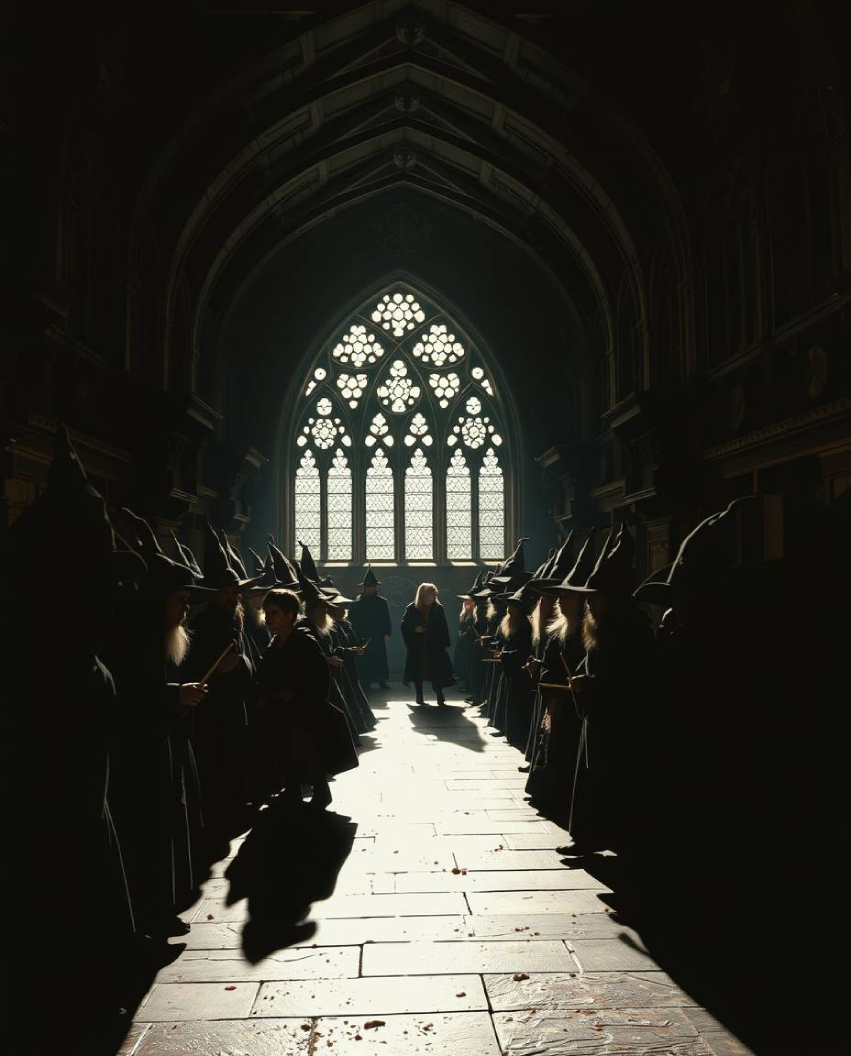 Explore a captivating image of a magical school teeming with young wizards, rendered in strong hard light that creates dramat
