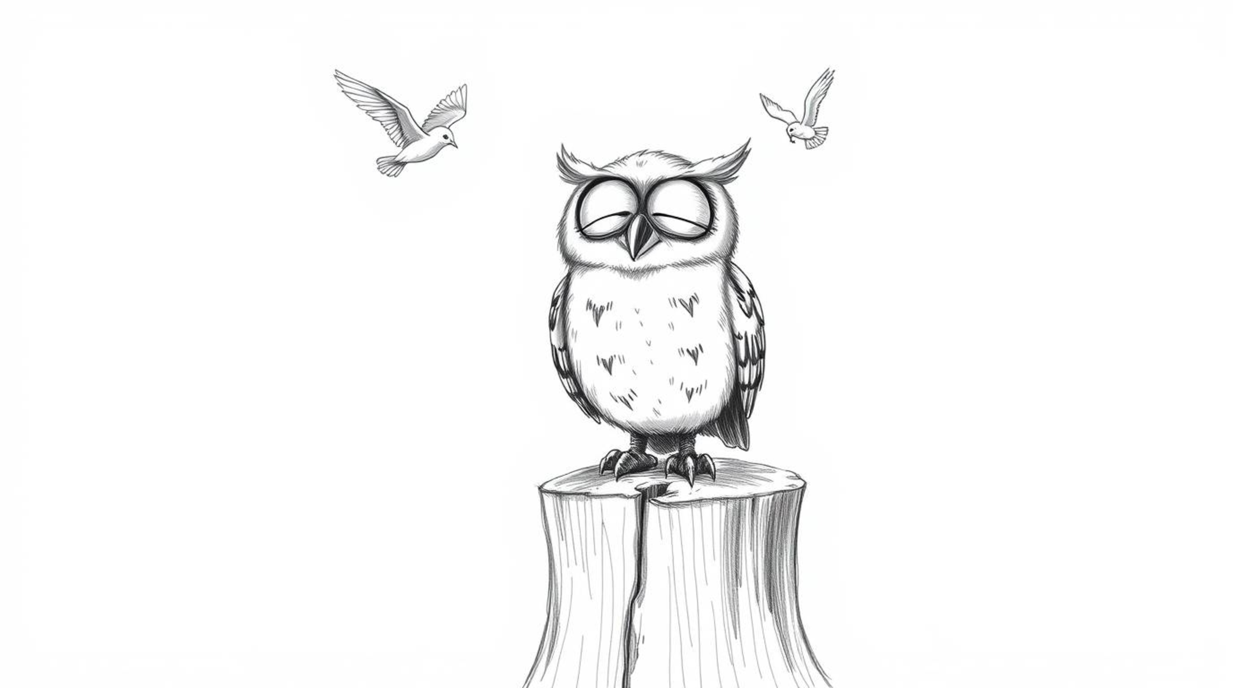 A heartwarming, hand-drawn pencil sketch of a blind owl, rendered in the style of Pixar. Perched happily on a tree stump, the