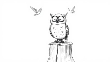 A heartwarming, hand-drawn pencil sketch of a blind owl, rendered in the style of Pixar. Perched happily on a tree stump, the