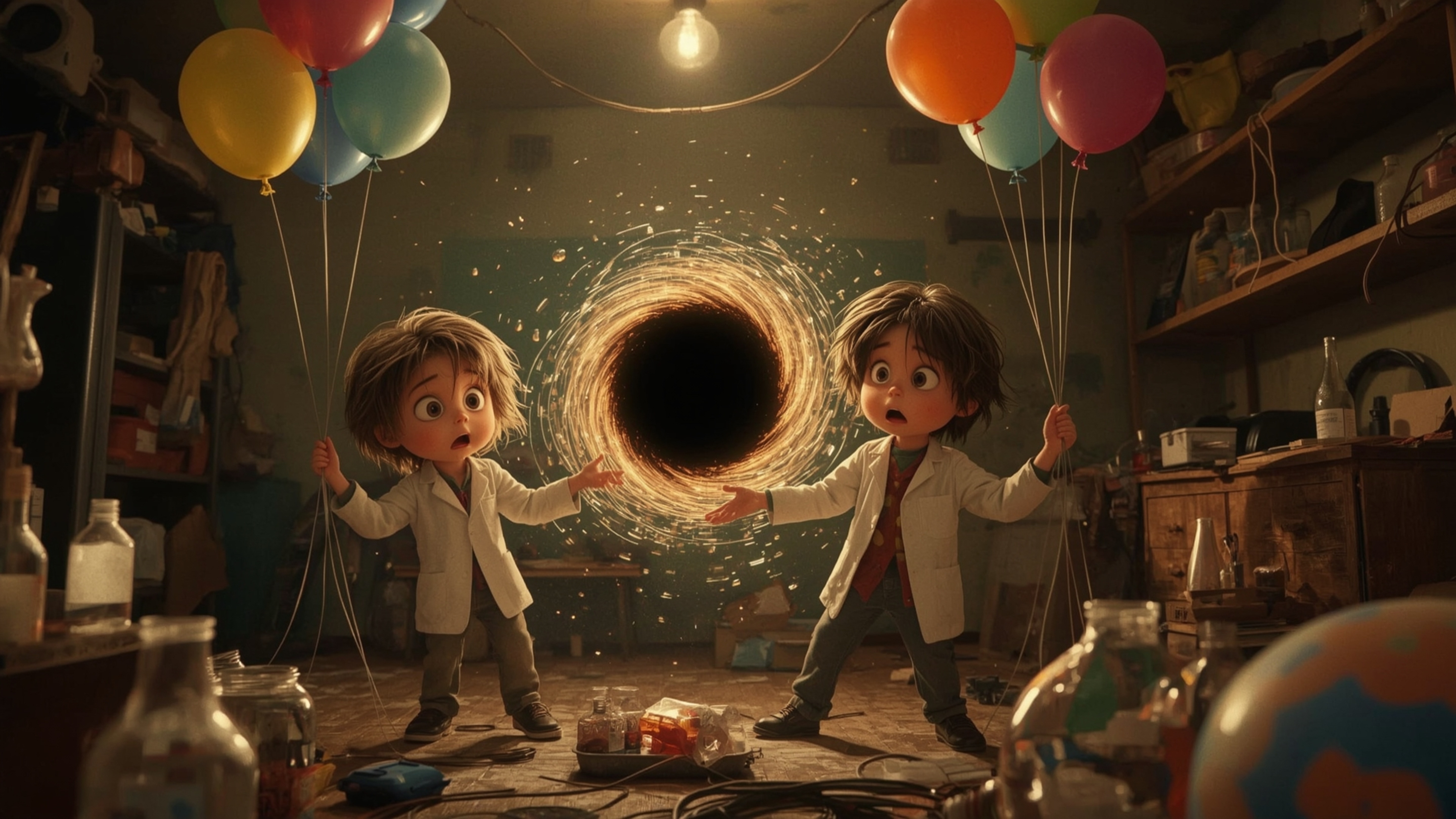 A vibrant, cinematic photograph reminiscent of Pixar's whimsical style captures a startled science fair duo in a cluttered, m
