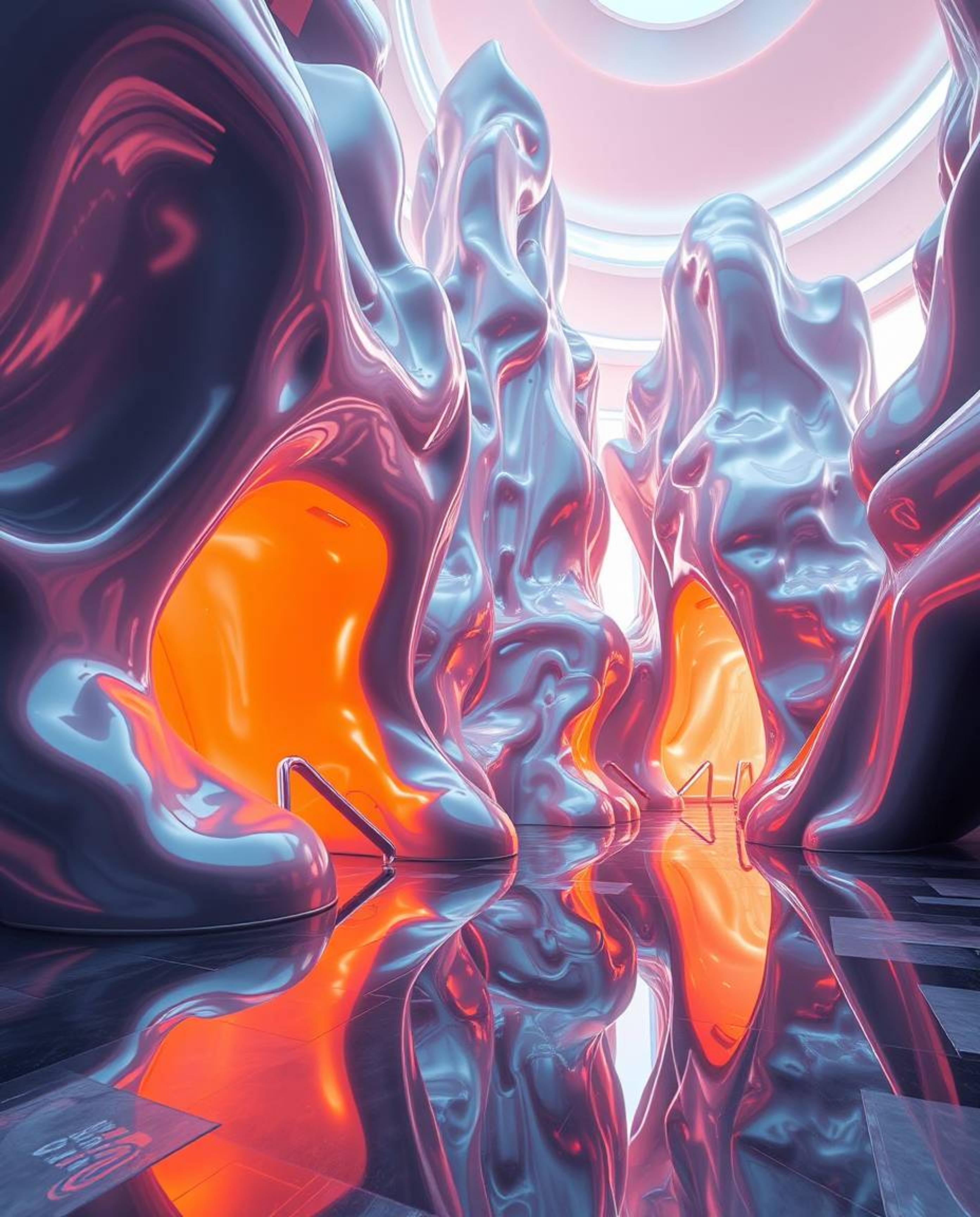 A stunning wide-angle shot showcasing massive, sculptural 3D fluid shapes crafted from mercury. The reflective surfaces and s