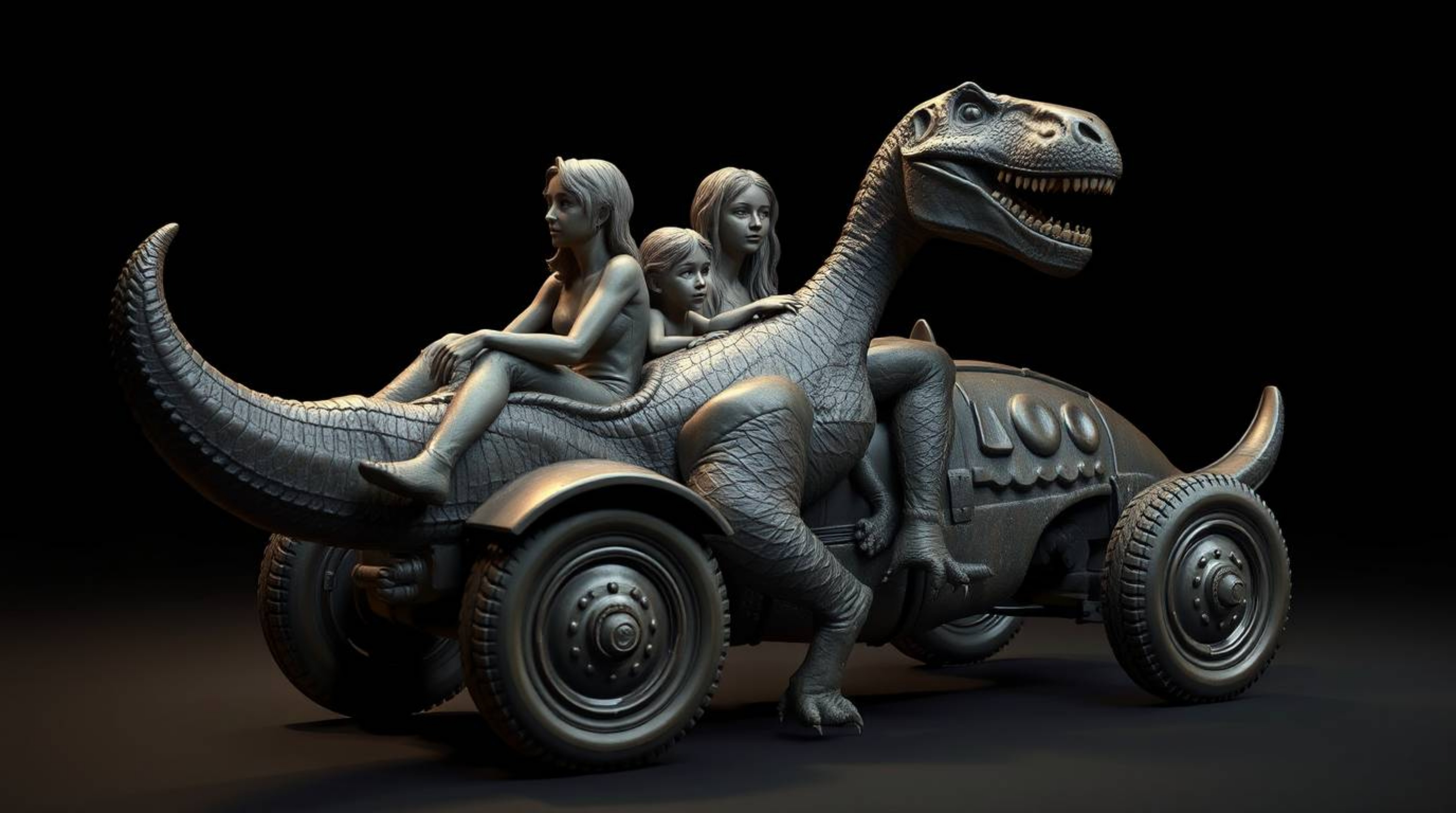 A captivating digital sculpture rendering depicts a prehistoric family joyfully riding a dinosaur car. Cast in bronze with a