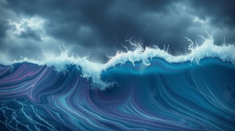 This artwork captures an intense and dramatic weather scene, showcasing a fluid abstract wave rendered in a captivating paste