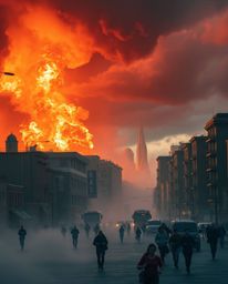 A dramatic photograph depicting a city engulfed in flames, filled with the chaotic movement of people running amidst the dest