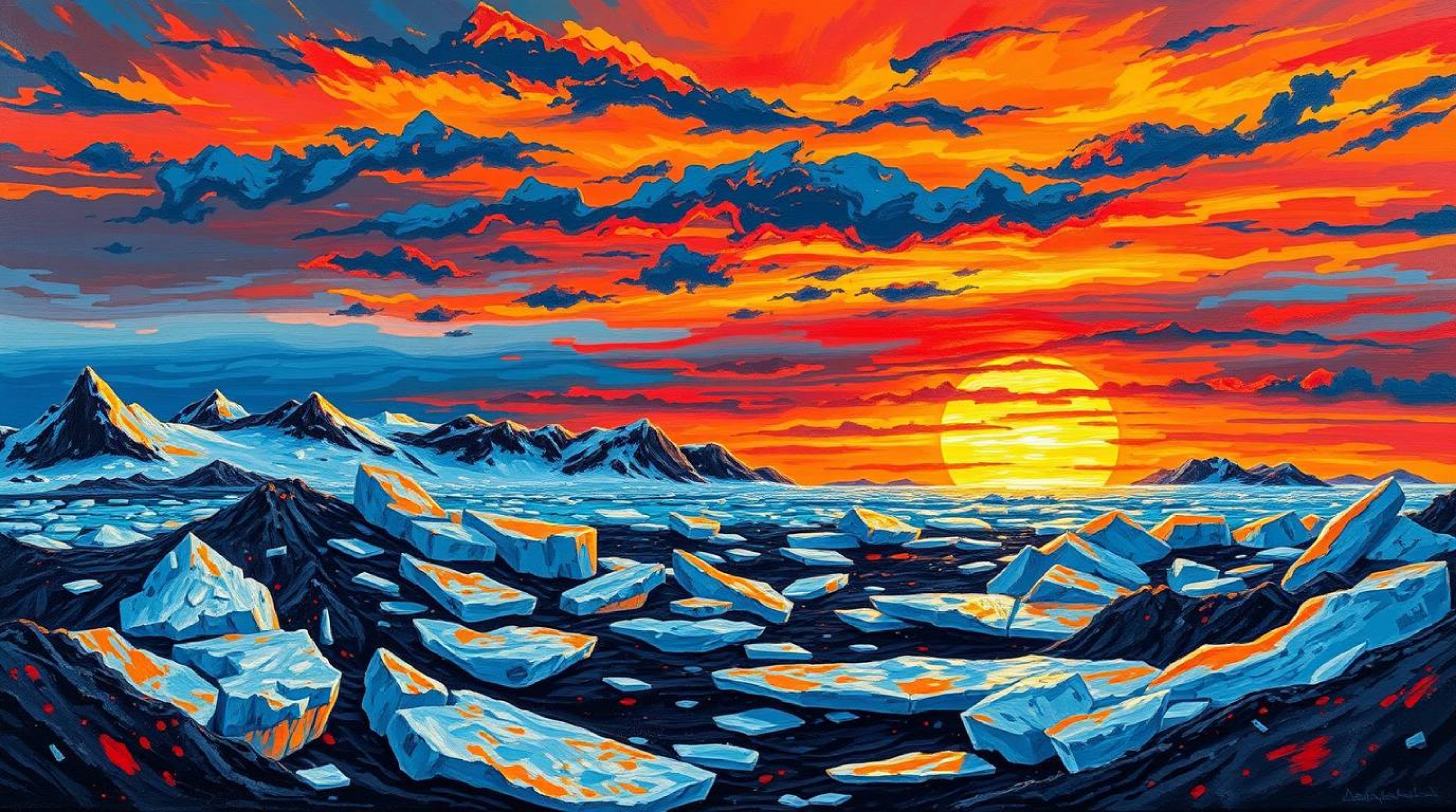 A captivating acrylic painting depicting an intense dramatic sunset over icy polar glaciers.  Bold textured brushstrokes and 