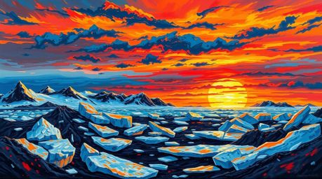 A captivating acrylic painting depicting an intense dramatic sunset over icy polar glaciers.  Bold textured brushstrokes and 