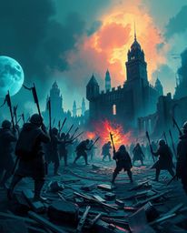 A captivating digital illustration depicting a chaotic battlefield where time-warped soldiers clash amidst crumbling building