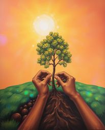 A captivating painting depicts hands carefully planting a tree beneath a breathtaking golden sky, with iridescent colors shim