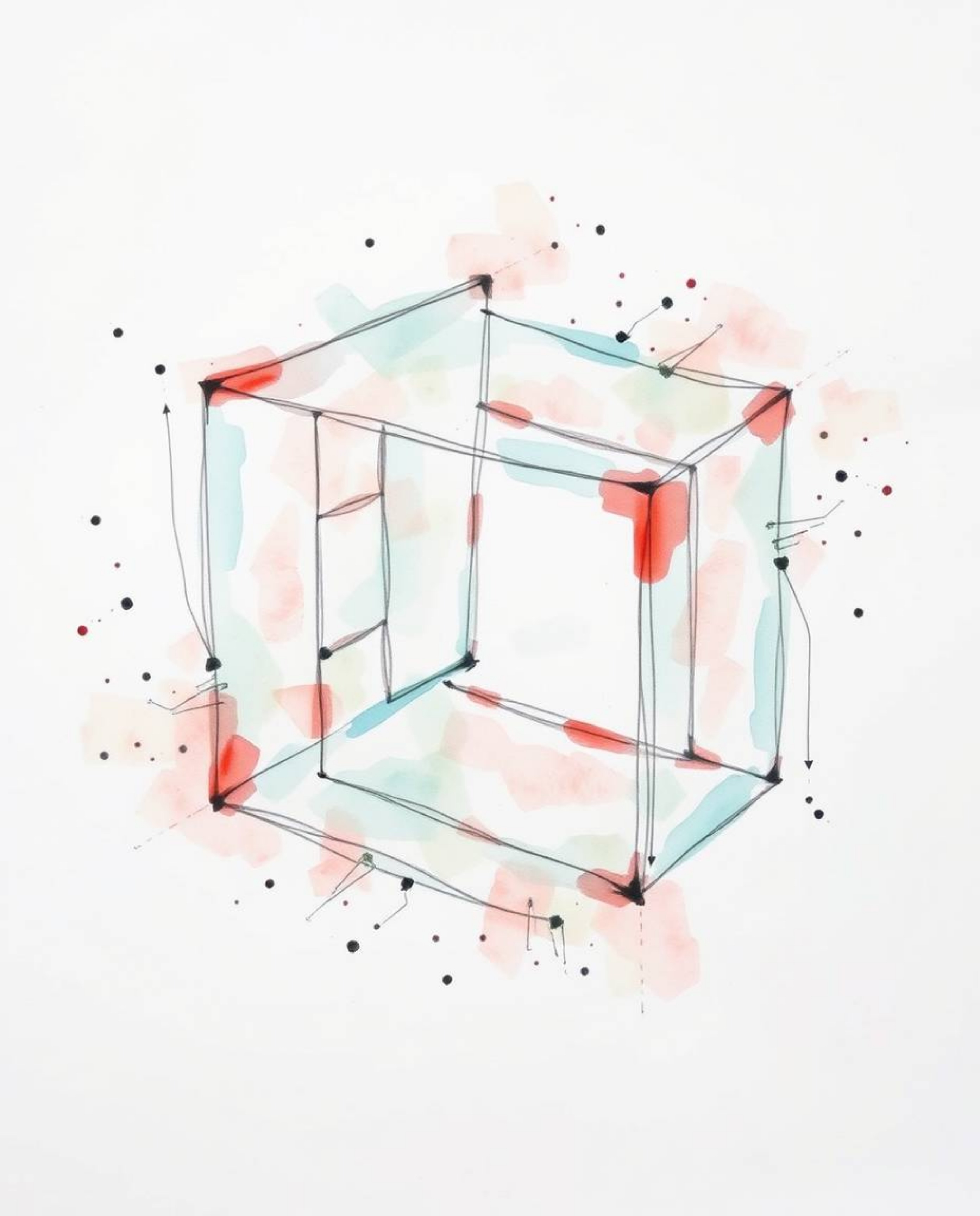 A dynamic and delicate watercolor painting showcasing a repetitive Escher-style impossible cube pattern in motion. The artwor