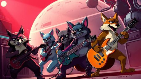 Experience a high-energy performance from a cartoon animal rock band, rendered in a dynamic and futuristic sci-fi style. The 