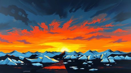 A bold and moody acrylic painting capturing a vibrant sunset over icy polar glaciers. The artwork features low contrast, text