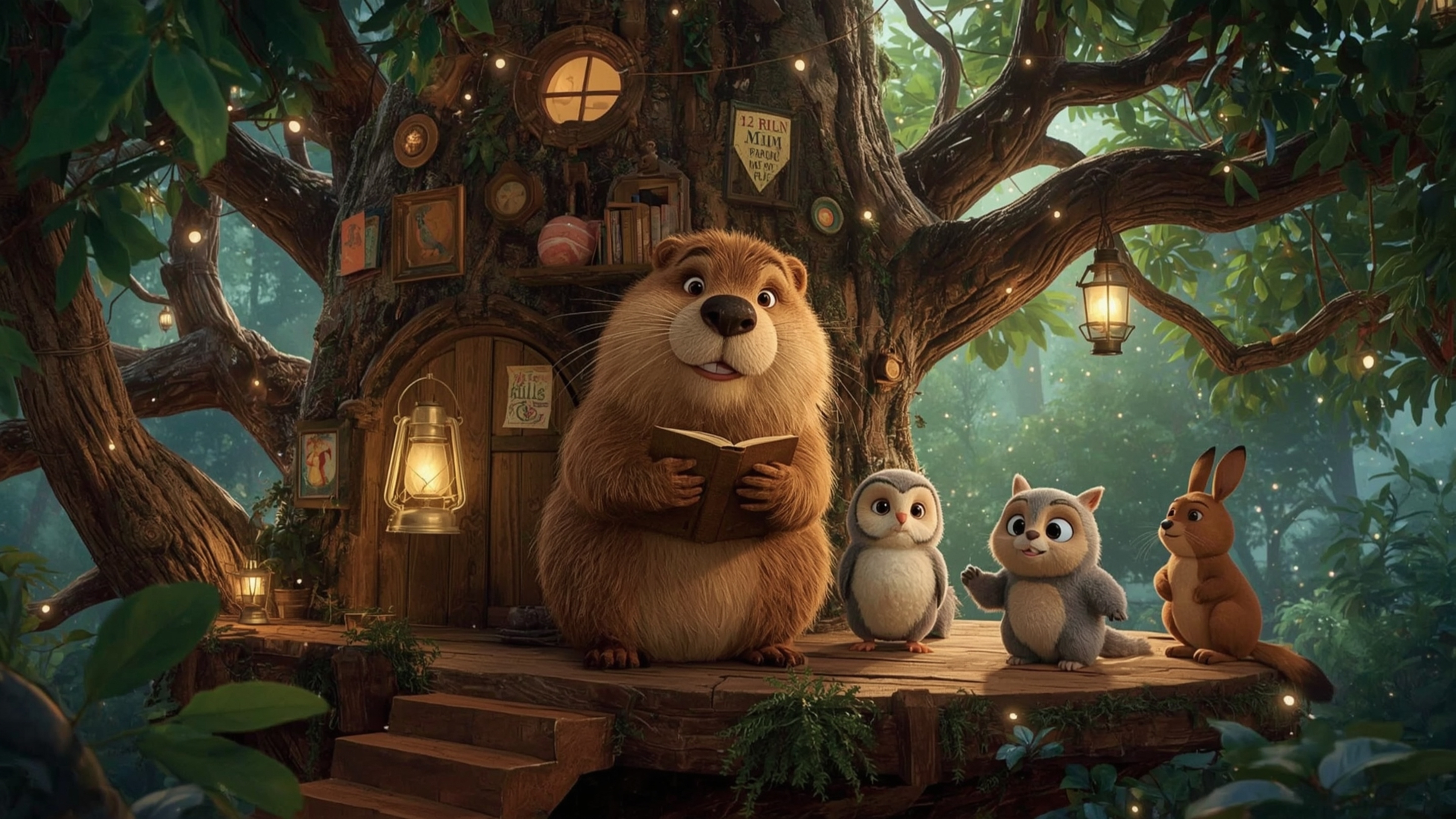 A high-resolution, professionally lit stock photo shows a cheerful beaver with a kind face in an elaborate, whimsical treehou
