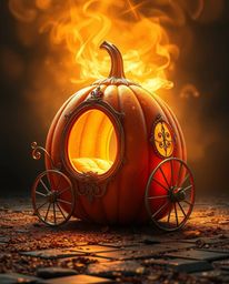 Witness a magical transformation as a simple pumpkin morphs into a radiant and luxurious carriage, bathed in a warm golden gl