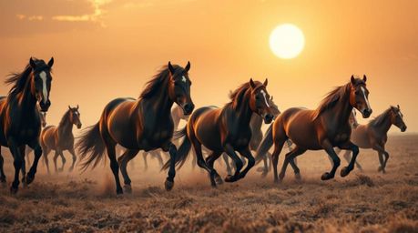 An ethereal image capturing a herd of wild horses running freely beneath a glowing sky, rendered in natural earth tones of br
