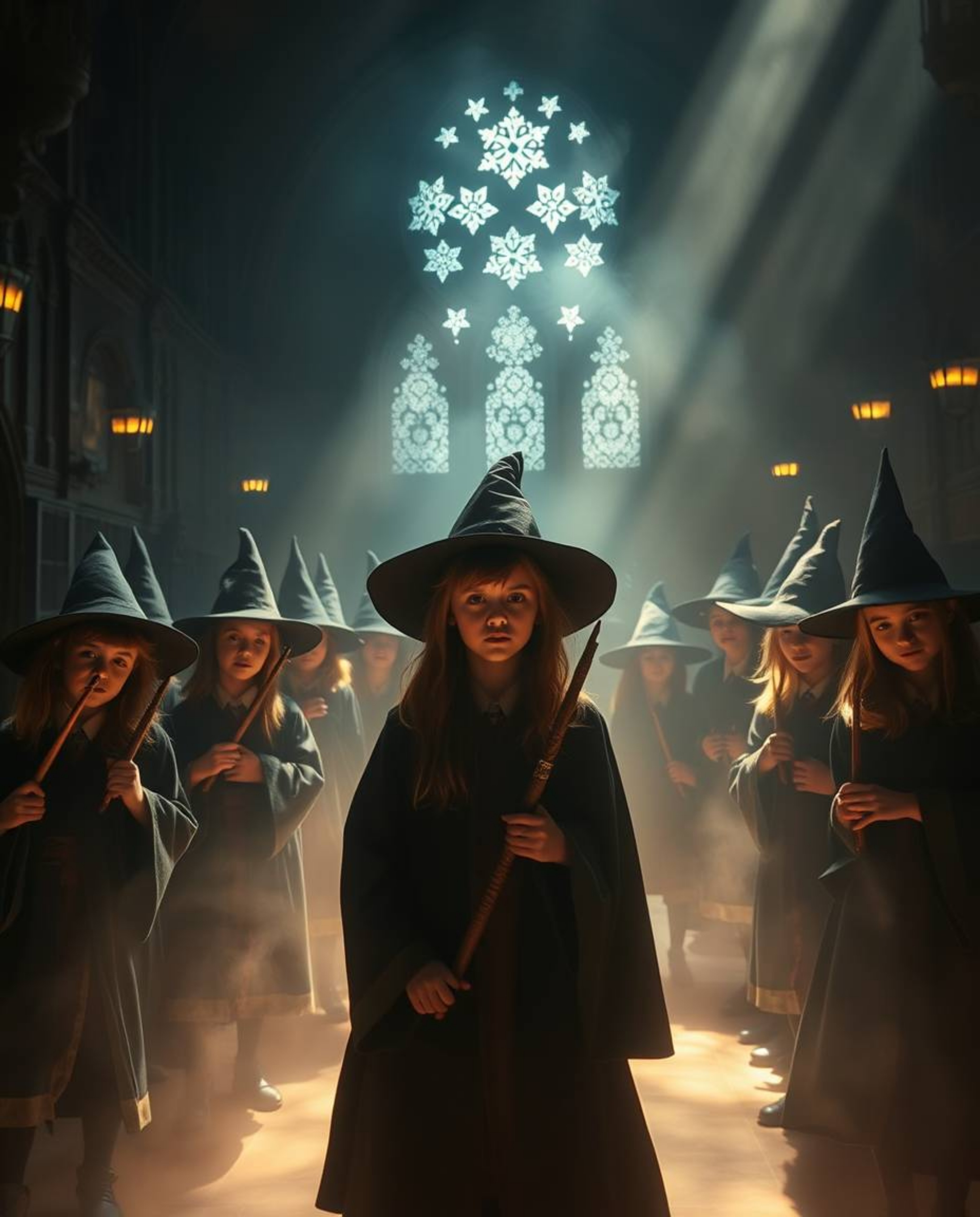 Step into a magical school where young wizards hone their skills amidst a dramatic and ethereal atmosphere. High contrast, lo