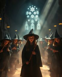 Step into a magical school where young wizards hone their skills amidst a dramatic and ethereal atmosphere. High contrast, lo