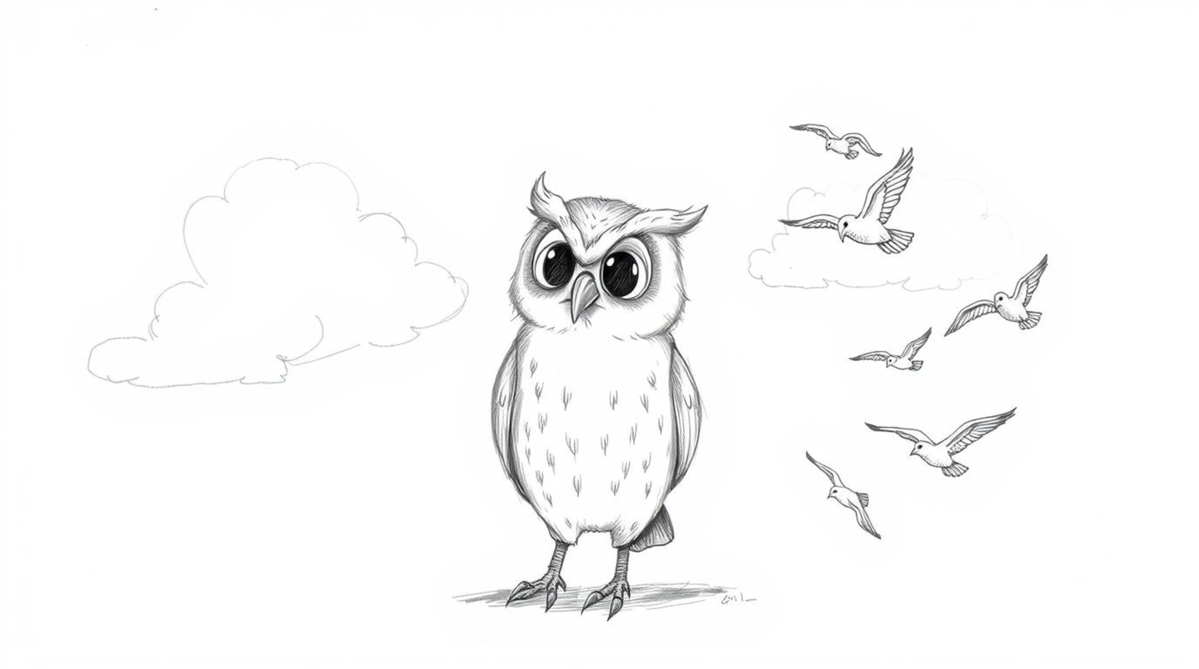 A heartwarming hand-drawn sketch reminiscent of Pixar, portrays a blind owl with gentle feathers and captivating eyes.  The o