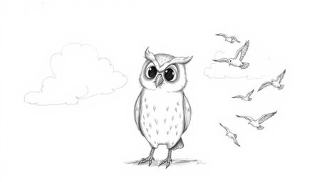 A heartwarming hand-drawn sketch reminiscent of Pixar, portrays a blind owl with gentle feathers and captivating eyes.  The o