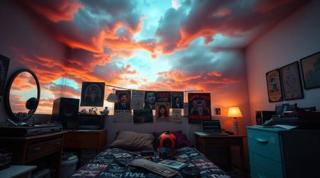 A visually striking image depicting a messy bedroom filled with unusual gadgets and posters. The scene is set against a drama