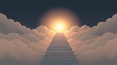 A surreal stairway ascends through smoky clouds towards a celestial light, rendered in a modern flat design emphasizing simpl