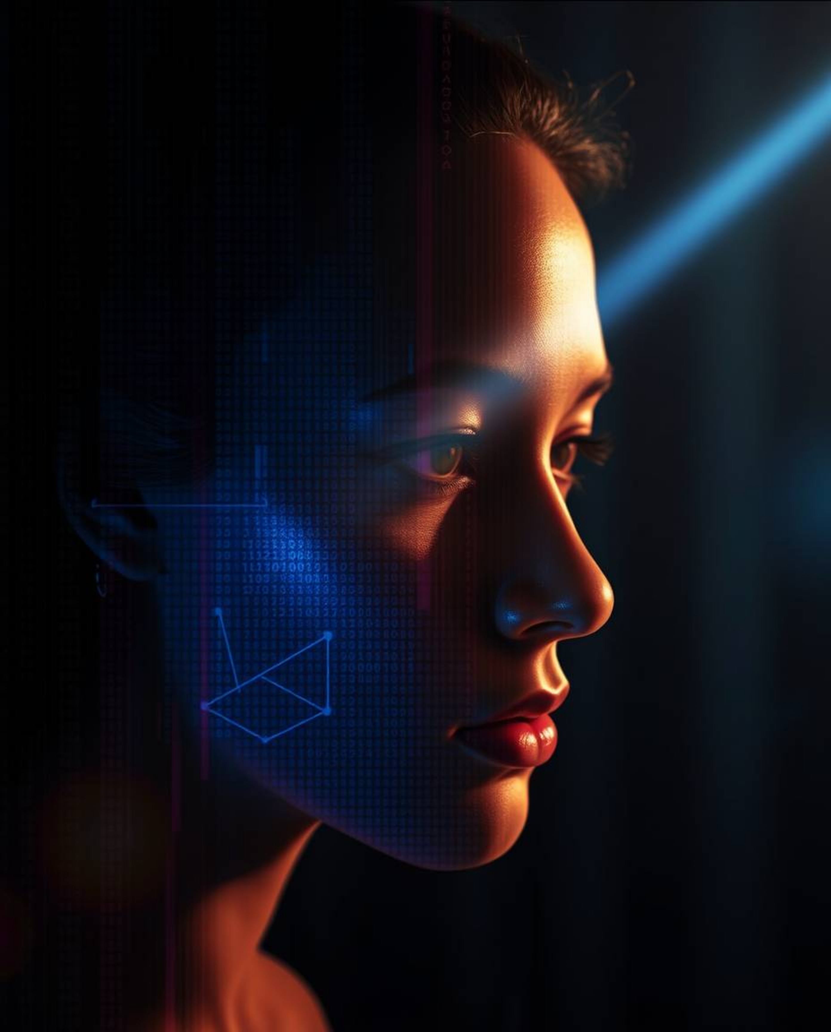 A captivating digital art piece showcasing a human face morphing into a vibrant data stream.  Backlit with iridescent hues, t