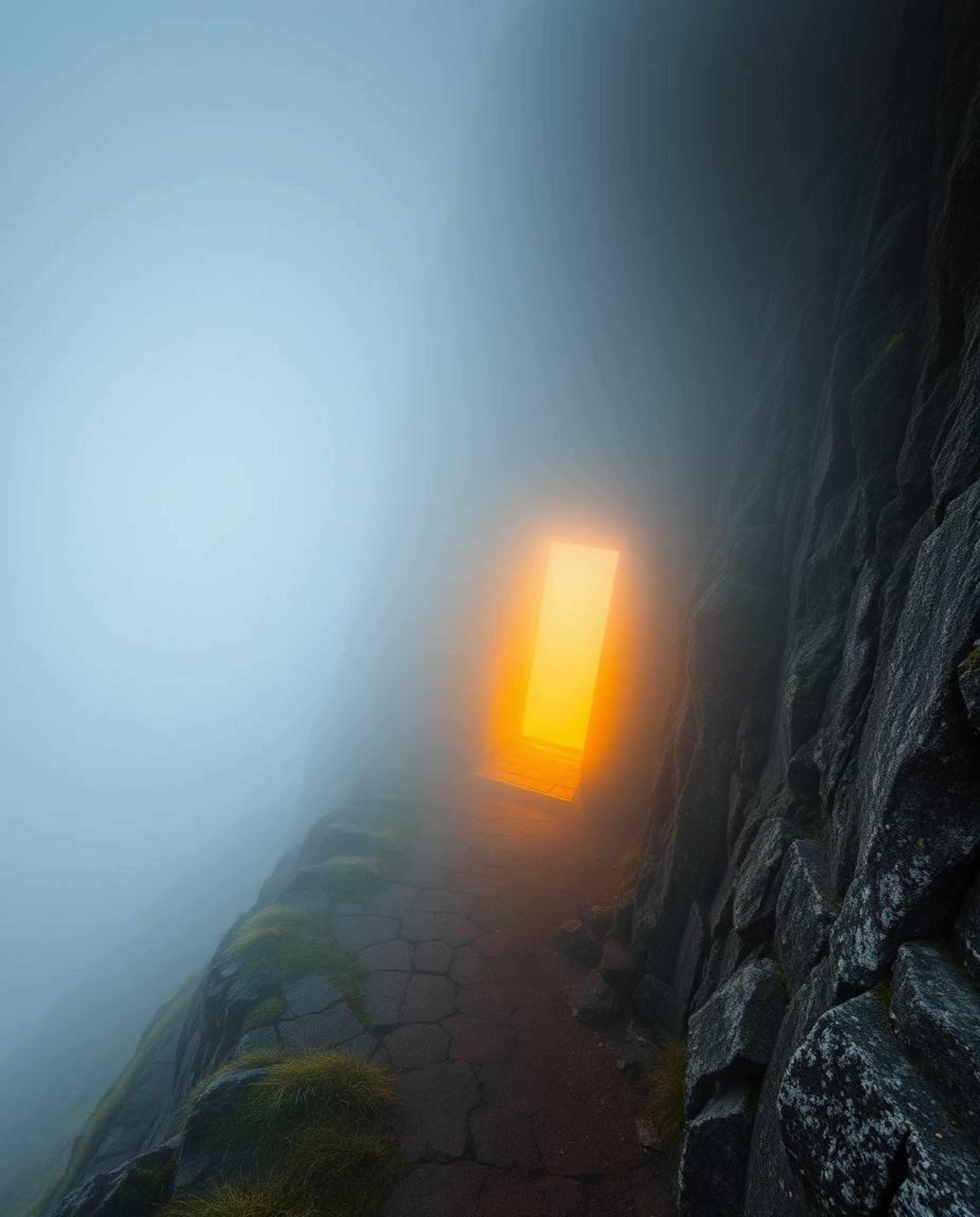 A high-angle perspective captures an ancient doorway, etched with glowing runes, embedded in the side of a mountain.  Thick f