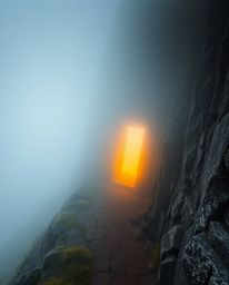 A high-angle perspective captures an ancient doorway, etched with glowing runes, embedded in the side of a mountain.  Thick f