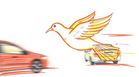 A warm-toned, hand-drawn sketch depicting a fast-running bird speeding past traffic, created with rough pencil strokes and vi