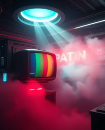 Immerse yourself in a futuristic sci-fi scene featuring captivating volumetric lighting, a retro-styled TV screen glitch with
