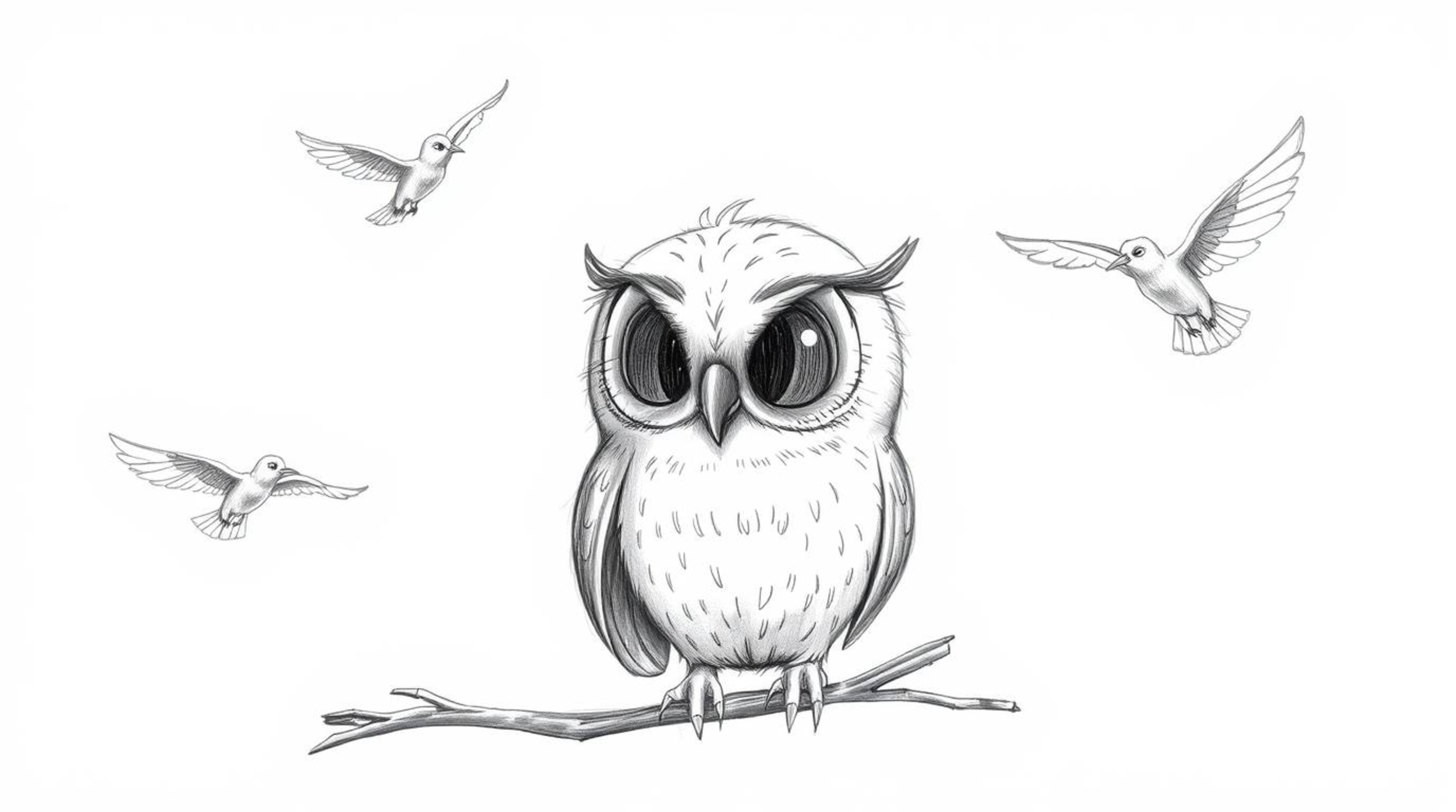 A hand-drawn Pixar-style sketch features a blind owl with intricate details in its wrinkles and soft feathers, rendered with 