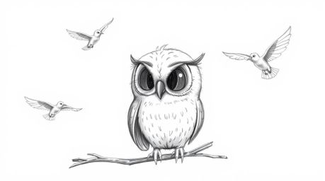 A hand-drawn Pixar-style sketch features a blind owl with intricate details in its wrinkles and soft feathers, rendered with 