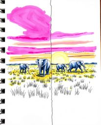 A hand-drawn color sketchnote depicting elephants walking across a field at sunset. The sketch features distinct split sectio