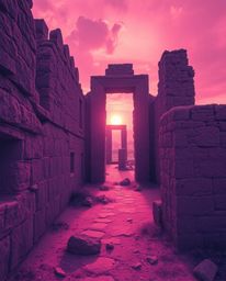 Dreamlike surreal imagery captures a sunset casting shadows through ancient stone ruins. Rendered in surreal infrared tones f