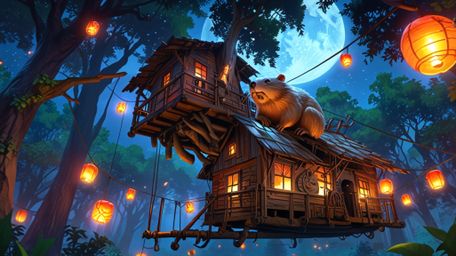 In a magical nighttime scene rendered in a beautiful blend of Pixar's heartwarming animation and anime's expressive artistry,