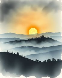 Delicate watercolor painting of a sunset over misty Tuscan hills. Eerie, creepy atmosphere. Translucent washes, fluid brushst