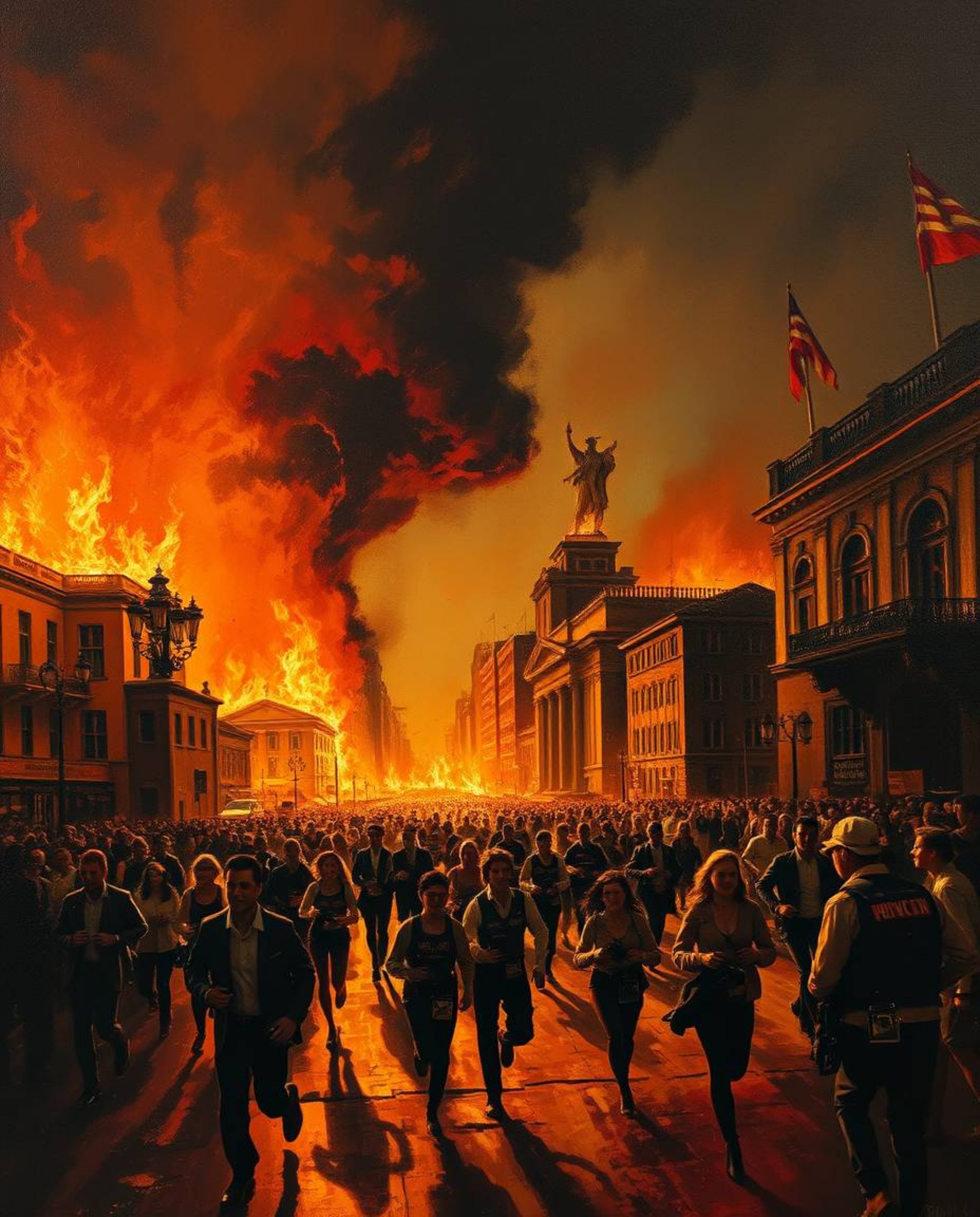 Experience a dramatic scene of a city consumed by flames, with people desperately running in all directions. This high-contra