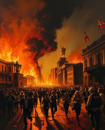 Experience a dramatic scene of a city consumed by flames, with people desperately running in all directions. This high-contra