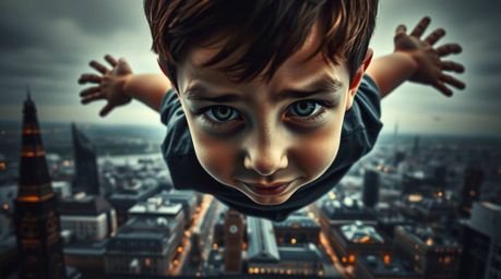 A captivating close-up shot depicts a young boy with meticulously detailed features soaring above the iconic London cityscape