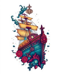 Discover a captivating symbolic tattoo art print depicting a vibrant, ethereal shipwreck illuminated deep underwater.  This p