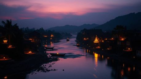 A captivating image of a river delta bathed in the warm glow of twilight, subtly illuminated by flickering candlelight.  The 