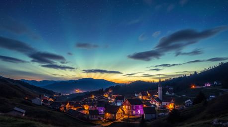 Escape to a serene and cozy village nestled in a vibrant valley.  The sky glows with soft pastel and bioluminescent colors, c