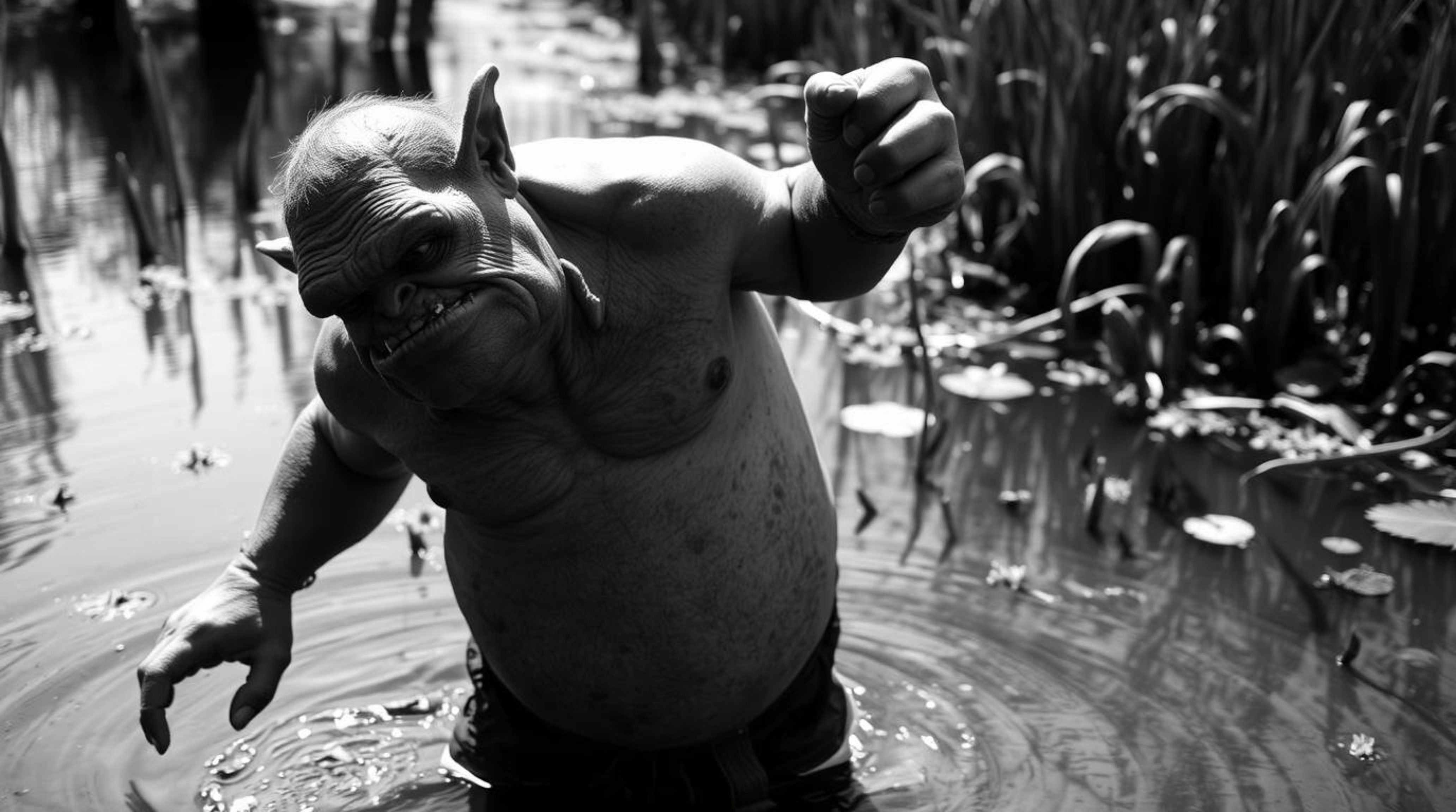 A timeless and elegant black and white photograph captures an ogre dancing in a swamp, illuminated by strong, hard light that