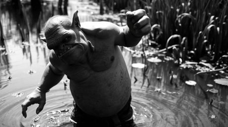 A timeless and elegant black and white photograph captures an ogre dancing in a swamp, illuminated by strong, hard light that