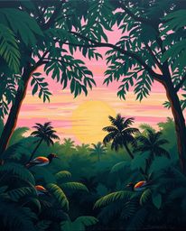 A bold acrylic painting captures a gentle and soothing sunset as seen through a dense jungle canopy. The artwork is brought t