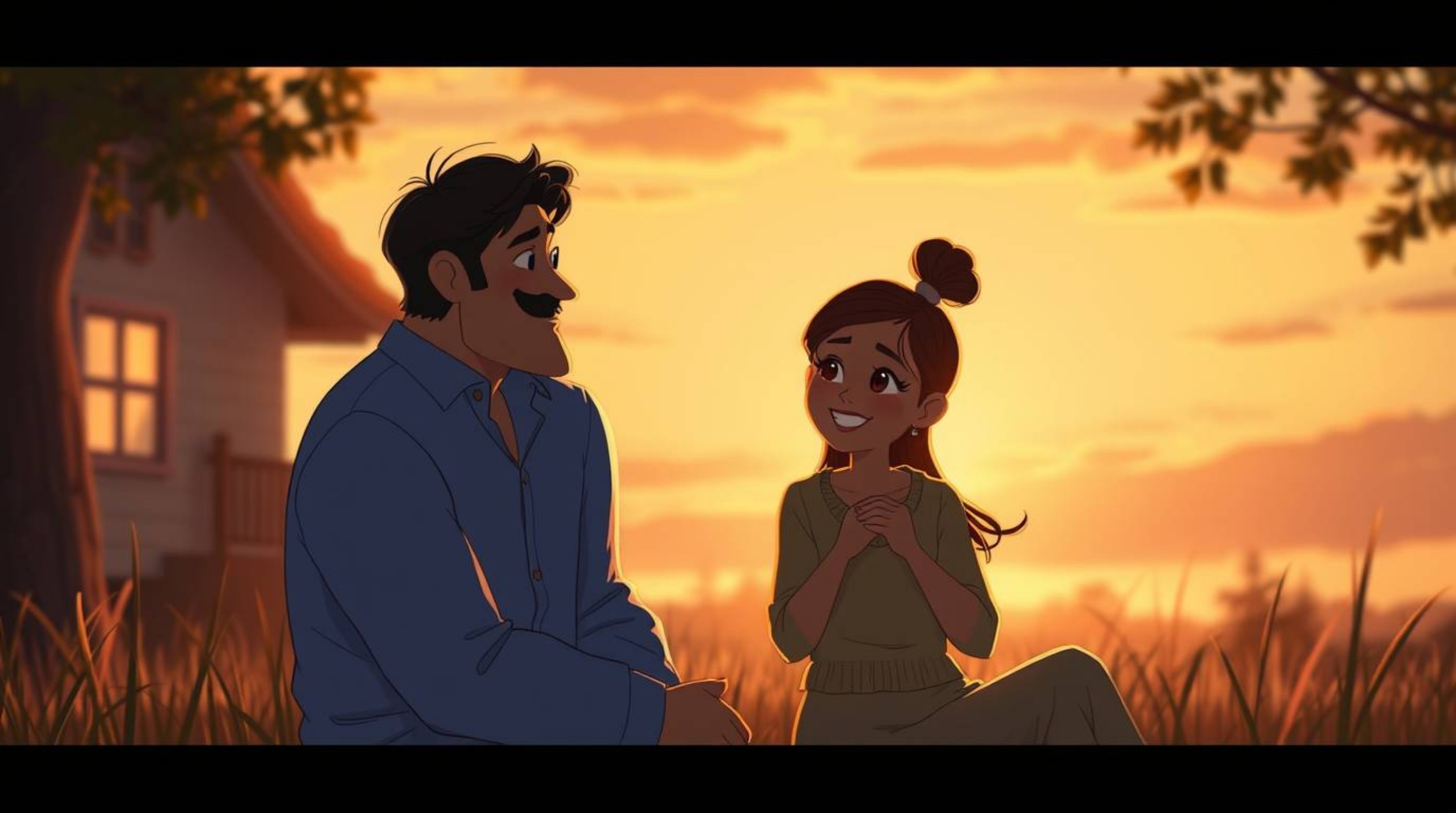 A heartfelt family reunion captured in a Pixar-style illustration bathed in the warm golden hour light. The scene showcases a