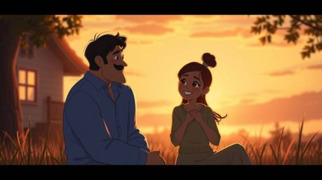 A heartfelt family reunion captured in a Pixar-style illustration bathed in the warm golden hour light. The scene showcases a
