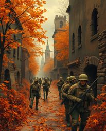 Explore a captivating battlefield scene featuring time-warped soldiers and crumbling buildings bathed in warm autumn colors a