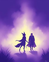 Explore a high-contrast illustration featuring a graceful and elegant talking animal sidekick aiding a hero's journey through